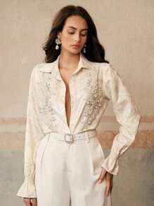 Anewsta Blusa elegante y romántica con decoración de perlas, casual y elegante para brunch, primavera y verano