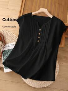 Rusticease 女士纽扣设计V领休闲衬衫 - 黑色 - 查看 8