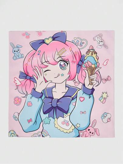 Anime 1 pieza Pañuelo cuadrado pequeño con estampado de niña y helado, elementos de estilo lindo de moño, conejo, postre y estrellas, accesorio versátil de tipo pañuelo, bandana multiuso creativa