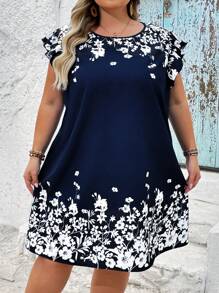 SHEIN CURVE+ 大码波西米亚风蓝色花卉印花梭织面料短裙，圆领荷叶边细节，女士海滩装/沙滩裙/海滩度假装/海滩必备品/毕业/茶会礼服 - 彩色 - 查看 4