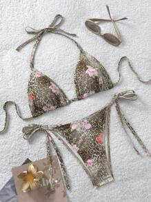 Soleia بكيني نسائي مكون من طقم زهور وطباعة فهد مثير، أربطة للبس، مناسب لارتداء في الشاطىء والعطلات الصيفية - متعدد الألوان - مشاهدة 1