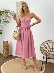SHEIN LUNE Váy midi ren họa tiết trơn màu đơn giản cho nữ đi nghỉ, trang phục hàng ngày - Bụi hồng - Xem 7