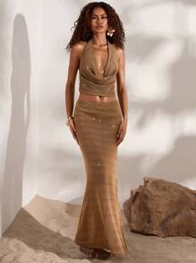 Opulessa 2pcs Women Plain Knitted Draped Neck Backless Top & Camisole Set - Khaki - View 5