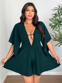 Breezaya Plus Size Solid Deep V Sexy Elegant Jumpsuit, Suitable For Summer - Dark Green - View 2
