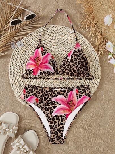 Teens Girls Casual Leopard Lily Print Camisole Top And Leggings Swimsuit Set, Suitable For Summer