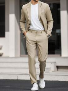 Manfinity Mode Plus Size Men Business Suit Set - Long Sleeve Blazer And Pocket Formal Trousers