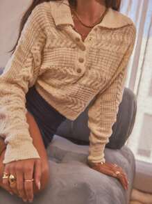 Aralina Cable Knit Cropped Sweater Polo Press Stud Collard Vintage Preppy Pullover - Apricot - View 2