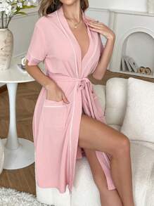 SHEIN Women Casual Solid Color Knitted Ice Silk Rib Loungewear Robe