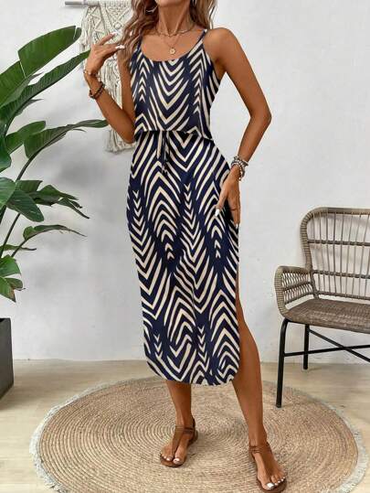 Breezaya Women's Summer Casual Spaghetti Strap Dress With Tie Waist, Side Split Hem Maxi Women Outfit