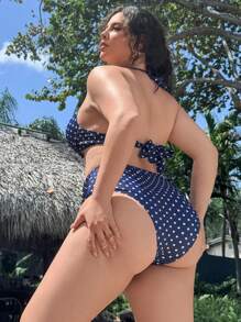 Swim Mod 大码女式蓝白波点聚拢钢托比基尼套装，时尚休闲假日比基尼套装 - 藍色 - 查看 2