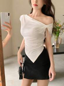 DAZY 女式优雅圆领纯色短袖 T 恤，夏季，露肩上衣