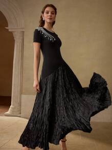 MOTF PREMIUM RHINESTONE FLARE HEM DRESS - Black - View 6