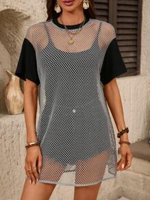 SHEIN LUNE 夏季乡村音乐节女士网眼上衣，音乐节音乐会女士伊比沙岛狂欢外出上衣