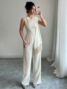 Chiquease Combinaison élégante pour femme avec encolure drapée et lien à franges - Nude - Voir 4