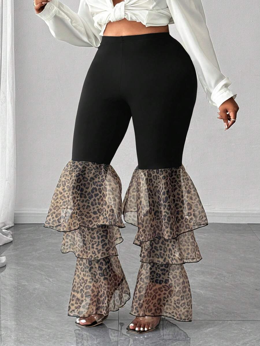Maweii Plus Size Women Sexy Leopard Print Fabric High-End Ruffle Decor Flared Hem Cinched Waist Bodycon Pencil Pants - Black - View 1