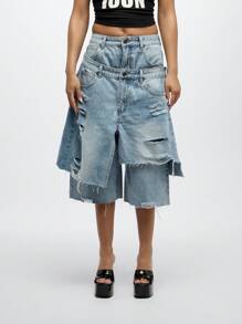 SUMWON WOMEN Shorts vaqueros culotte de pierna ancha con efecto desgastado, doble cintura, bordes deshilachados, diseño de declaración de moda verano festival, estilo de moda Y2K y estilo de calle oversize