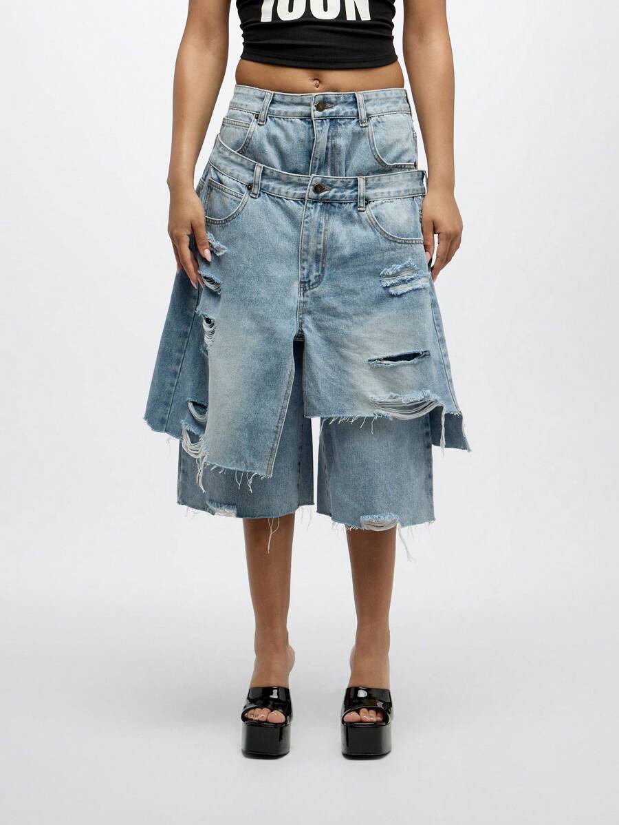 SUMWON WOMEN Shorts vaqueros culotte de pierna ancha con efecto desgastado, doble cintura, bordes deshilachados, diseño de declaración de moda verano festival, estilo de moda Y2K y estilo de calle oversize
