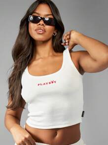 Missguided x Playboy Top de tirantes corto acanalado de algodón, ropa deportiva de verano estilo Y2K, ropa urbana, atlética, gimnasio, deporte, clásica, con logo básico, esencial, sin mangas, ajustado, para mujer