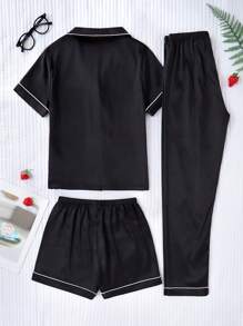 SHEIN 女童三件套睡衣套装，包括黑色简约多臂提花面料长裤、短裤和翻领短袖上衣，休闲睡衣 - 黑色 - 查看 2
