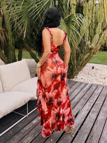 SHEIN SXY Vestido elegante de verano con estampado floral retro en tela de malla, con volantes en el bajo y abertura alta, para mujer - para vacaciones/cumpleaños/citas/fiestas/carnaval/graduación/baile