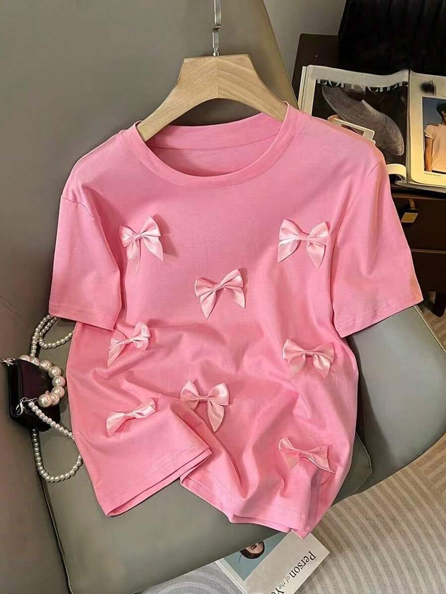 Franclia 休闲H型圆领3D蝴蝶结短袖粉色女士夏季T恤 - 粉色 - 查看 1