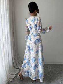 Modelyn Women Woven Printed Long Sleeve Waist-Cinched A-Line Floral Print Dress Long Evening Dresses Fall Cloth For Women