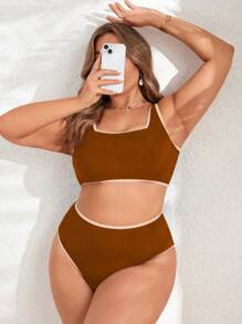 Swim SPRTY 2pcs Plus Size Women's Fashion Edged Spaghetti Strap Tankini Swimsuit For Summer Beach Vacation