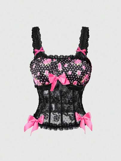 Grunge Punk Women's Y2K Style Polka Dot & Contrast Lace Camisole, Suitable For Valentine's Day