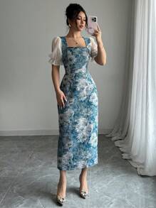 Modelyn 女士优雅花卉拼布印花方领连衣裙，夏季 - 彩色 - 查看 4