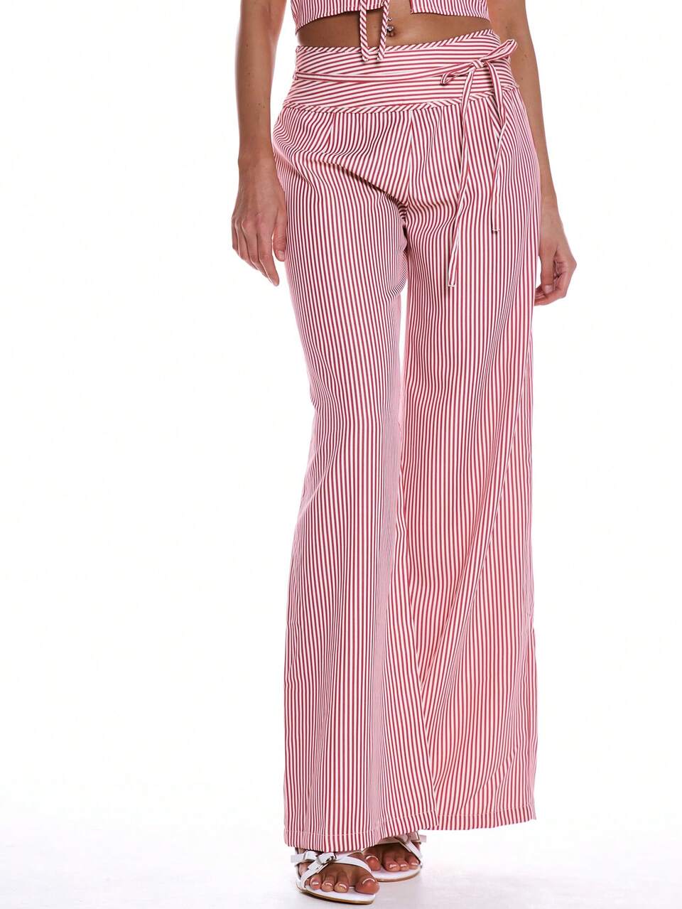 Wide Leg Striped Linen Look Thick Waistband Tie Trouser Summer Vacation Beach Cute Sailored By The Sea Chic Elegant Holiday Casual