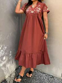Breezaya Vestido casual de vacaciones con cuello en V, manga corta y bordado floral para mujer de talla grande - Marrón - Ver 4