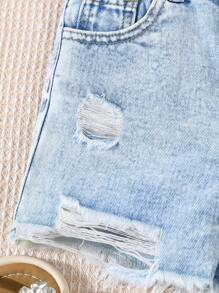 SHEIN Baby Girl' Fashion Versatile Distressed Denim Shorts - Light Wash - View 7