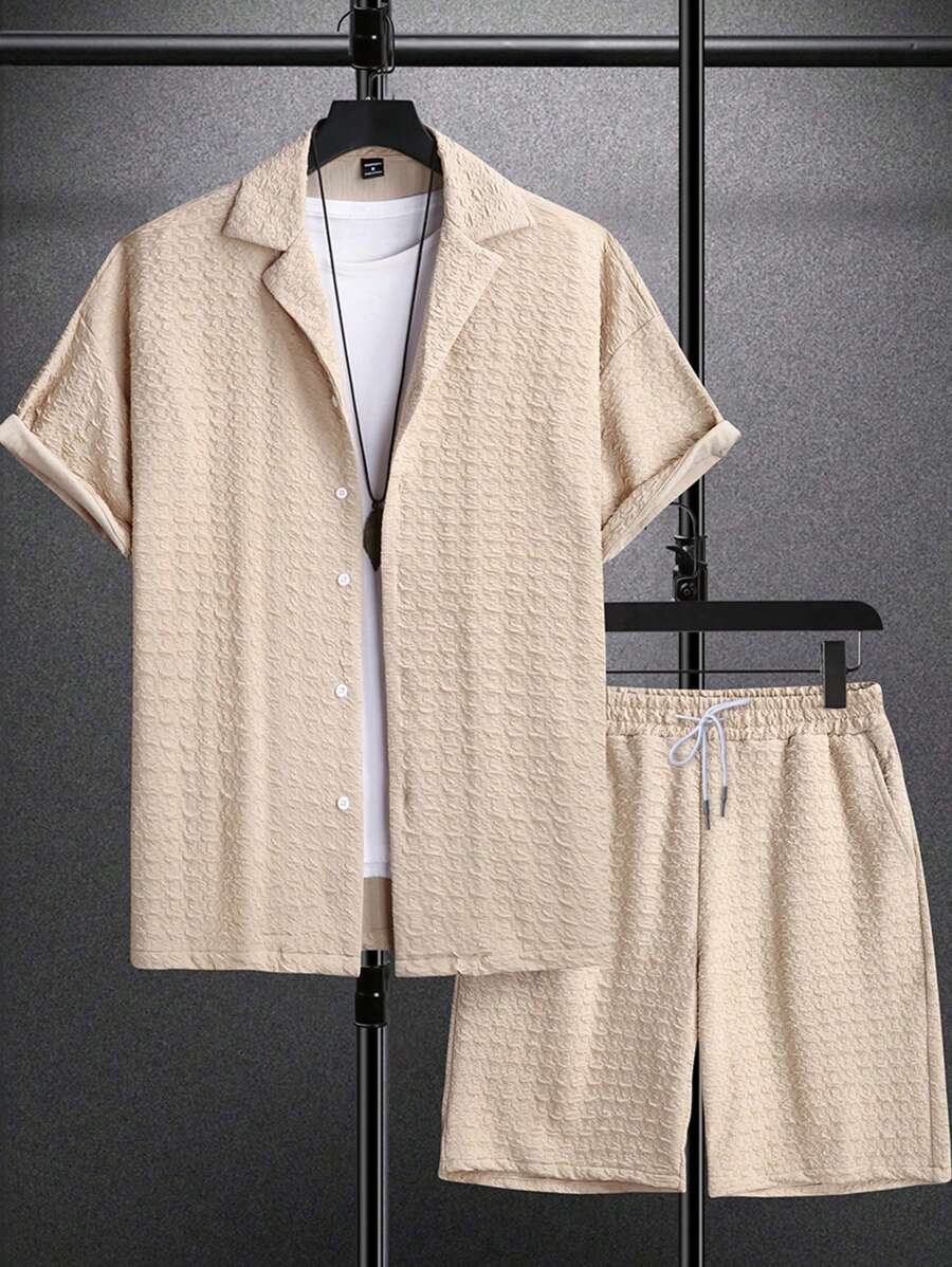 Manfinity Homme 男士纯色短袖单排扣休闲宽松衬衫短裤套装