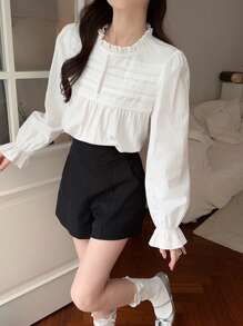 DAZY 女士圆领荷叶边蕾丝休闲长袖衬衫，秋季女装 - 白色 - 查看 5