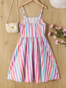 Vestido de tirantes con diseño de botones a rayas de colores para niñas preadolescentes, adecuado para ocasiones festivas y casuales - Multicolor - Ver 2