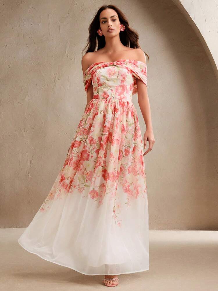 Women's Elegant Romantic Floral Print Drop-Shoulder Maxi Dress, Suitable For Dates, Old Money Summer Outfits, Spring/Summer Vacation, Festival, Holiday, Beach Wear