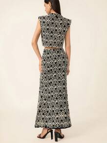 Aveloria Ensemble 2 pièces fait main, top court sans manches col V color block et jupe longue queue de poisson pour femmes. Style élégant et avec imprimé tout-sur-pour l'été. - Multicolore - Voir 2