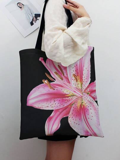 Kawaii Bolso de lona reversible de hombro con estampado floral de vacaciones, versátil para ir y venir y ocio