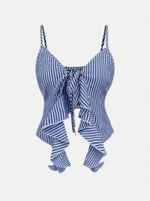 Chiquease 女式夏季休闲条纹荷叶边吊带上衣 - 藍色 - 查看 3