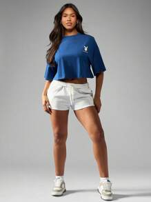 Missguided x Playboy Camiseta corta con logo estampado, de manga corta, estilo urbano, casual, de algodón, con estilo deportivo y de moda Y2K para verano.