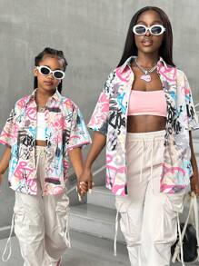 SHEIN Tween Girl Graffiti Print Shirt, Mommy And Me Matchinget (2 Pieces Sold Separately)