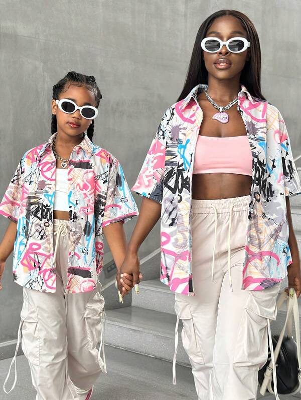 SHEIN Giacca larga con stampa graffiti per ragazze adolescenti, look da indossare insieme alla mamma, set abbinato composto da 2 pezzi venduti separatamente
