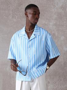 Sumwon Signature Resort Camp Collar Shirt Boxy Fit Summer Short Sleeve Cuban Bowling Button Down Casual Striped Streetwear Vacation Beach - Blue and White - View 1