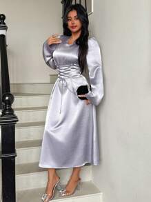 DAZY Women's Cinched Waist Mid-Calf Dress,Fall Clothes Long Sleeve Dress - Blue - View 4