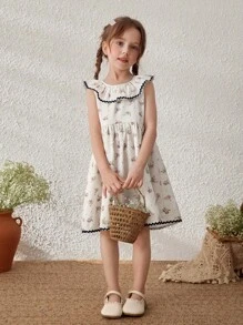 Blossori Young Girls' French Apricot Ditsy Floral Ruffle Collar Sleeveless Dress - Multicolor - View 6