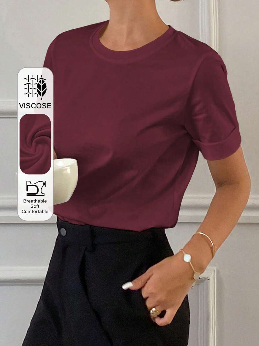 Livesso 女士纯色圆领短袖休闲T恤，秋季新款