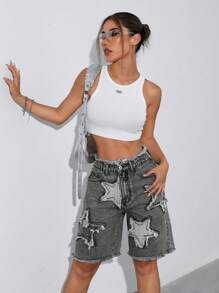 SHEIN ICON Women's Pockets & Distressed Embroidery Washed Denim Capri Pants - Light Grey - View 4