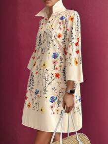 DreamSkyne Plus Size Floral Print Half-Zip Elegant Commuter Dress