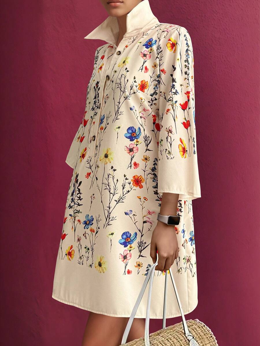 DreamSkyne Plus Size Floral Print Half-Zip Elegant Commuter Dress