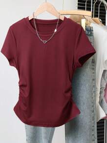 INAWLY Women's Solid Color Round Neck Short Sleeve T-Shirt Top, Fashionable For Summer - Multicolor - View 7